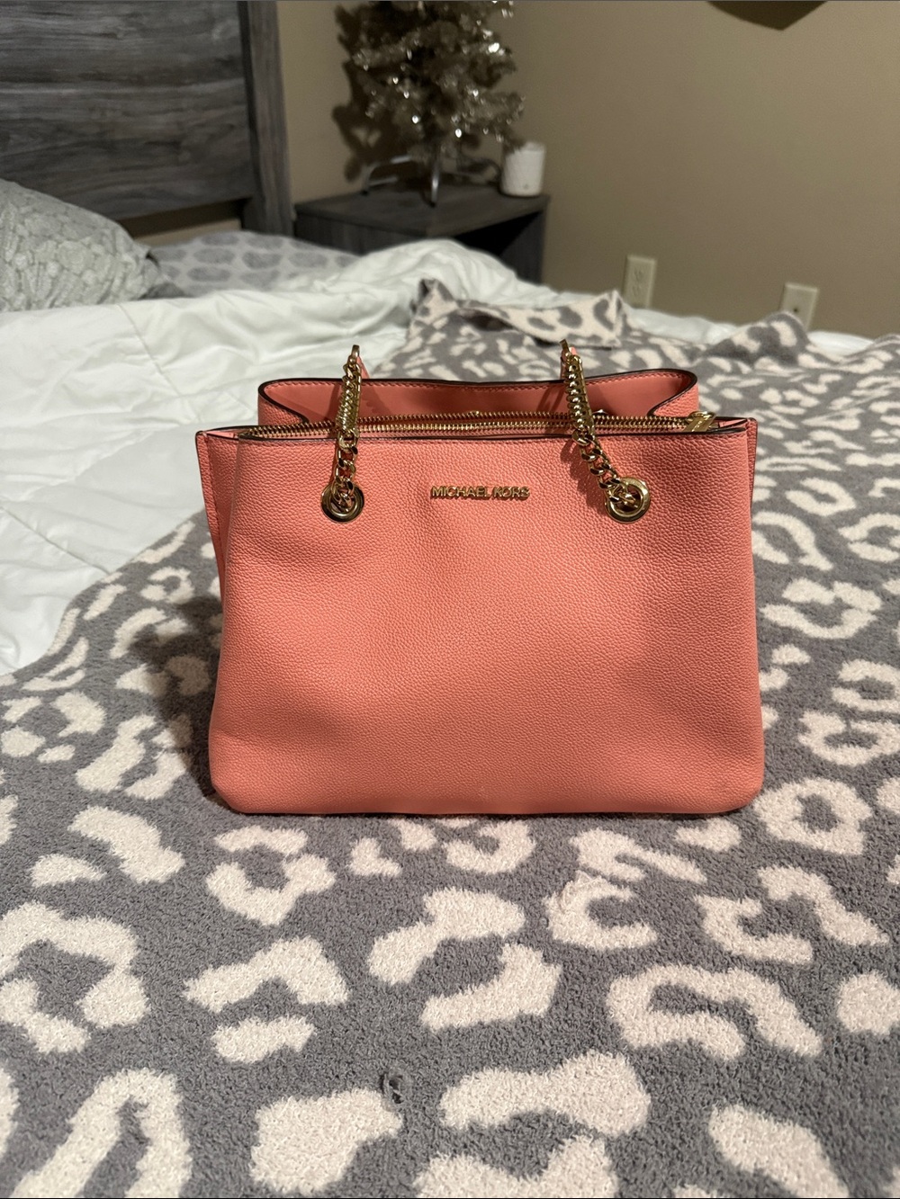 Michael Kors Coral Peach Leather Chain-Handle Shoulder Bag